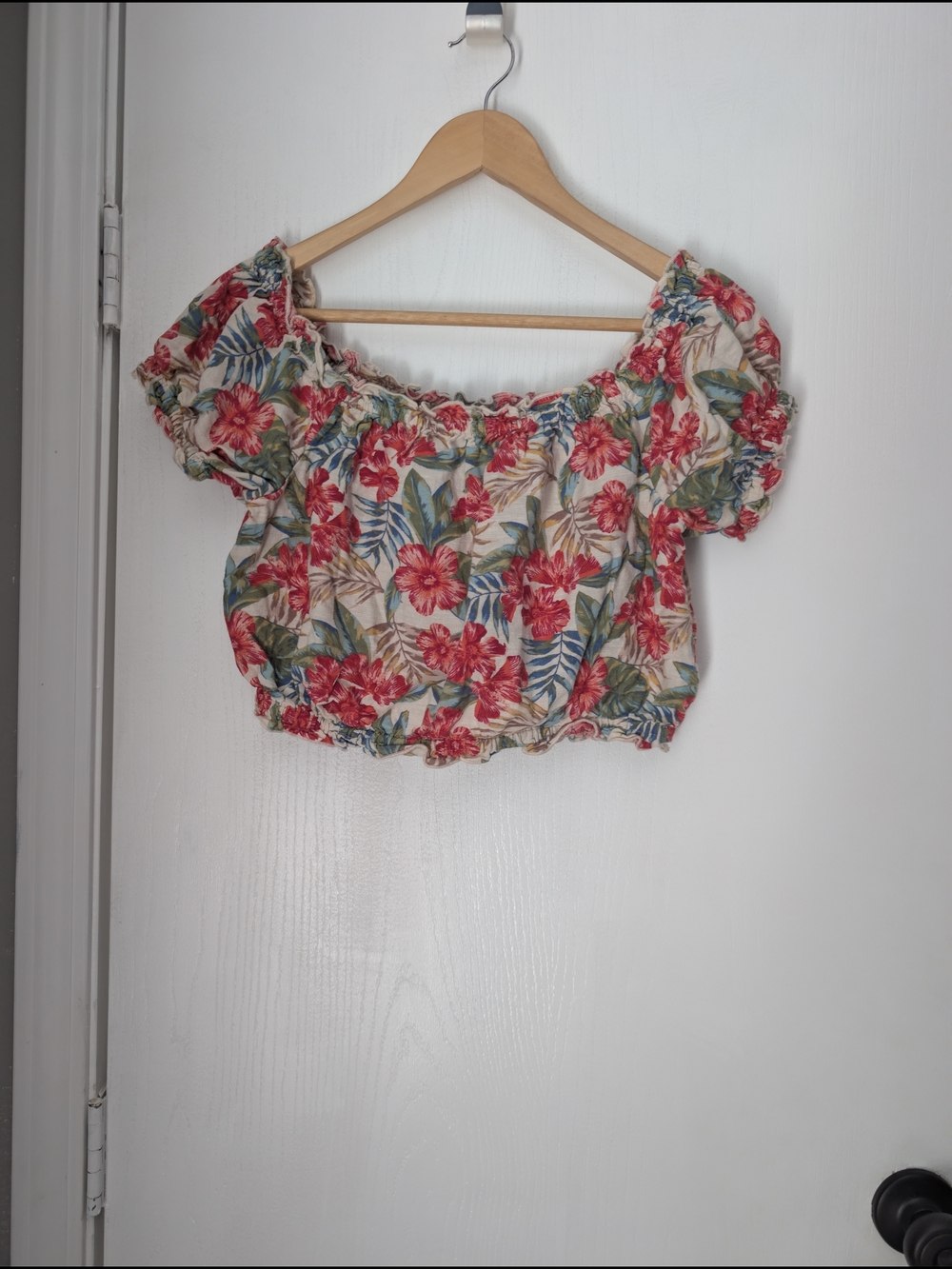 American Eagle Outfitters Floral Off-Shoulder Crop Top in Red and Green